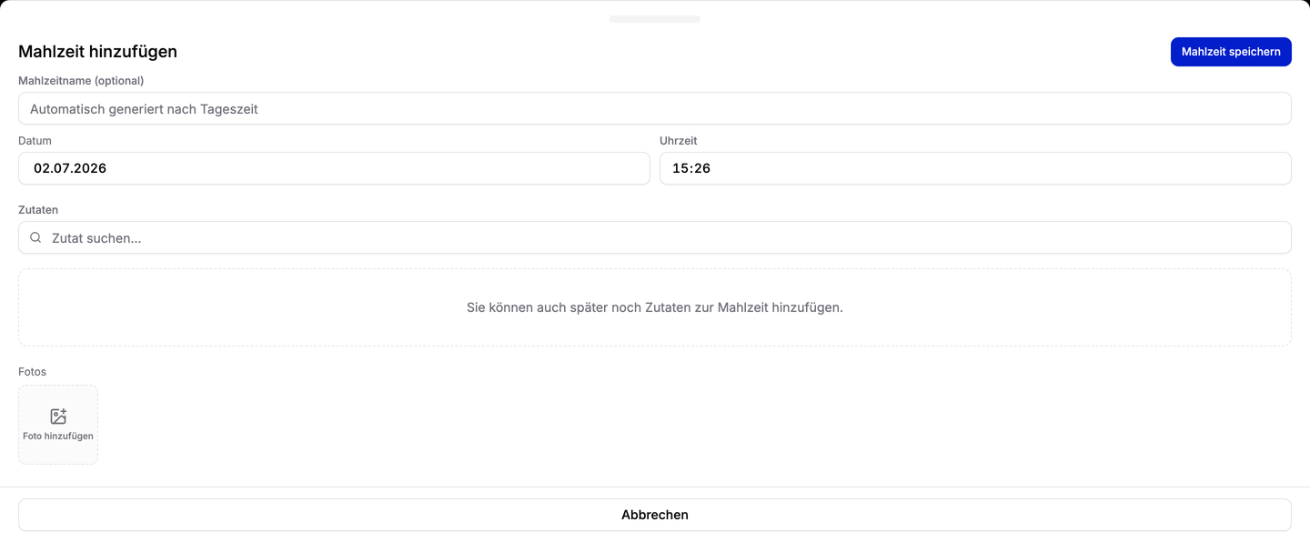 Das Mahlzeiten-Formular, in dem du jedes Lebensmittel und seine Menge einträgst
