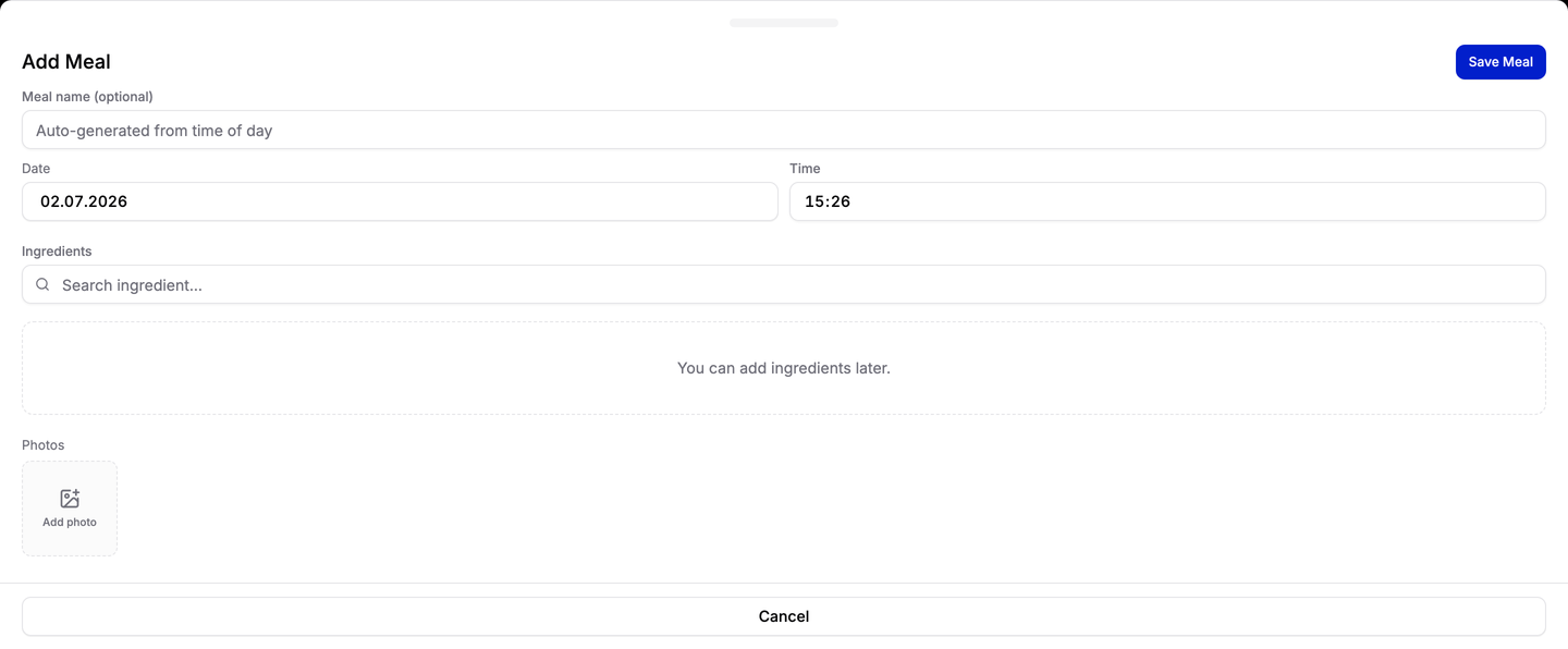The meal-entry form, where you add each food and its amount